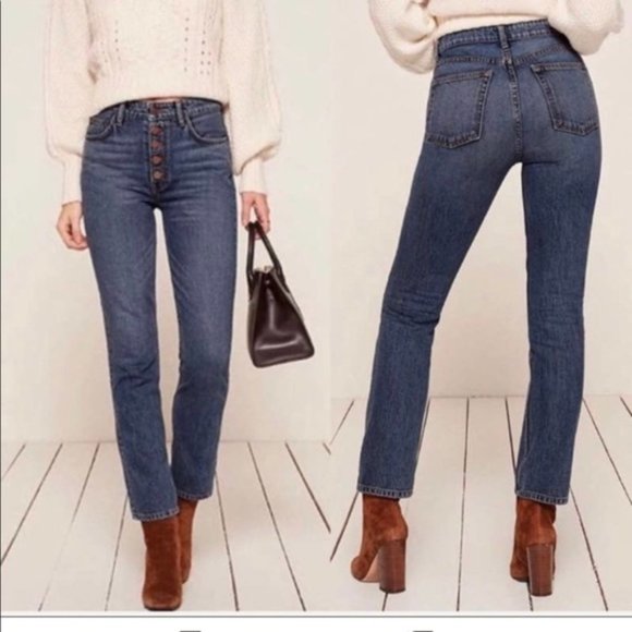 Reformation Denim - Reformation Winona Mid-Rise Button Fly Straight Leg Blue Jeans in Baltic Size 26